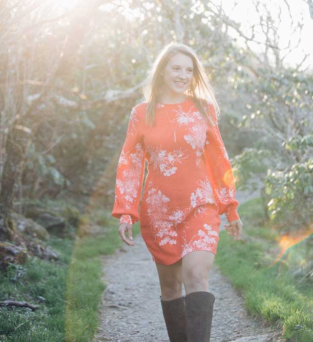 Sarah Walking in Red Dress